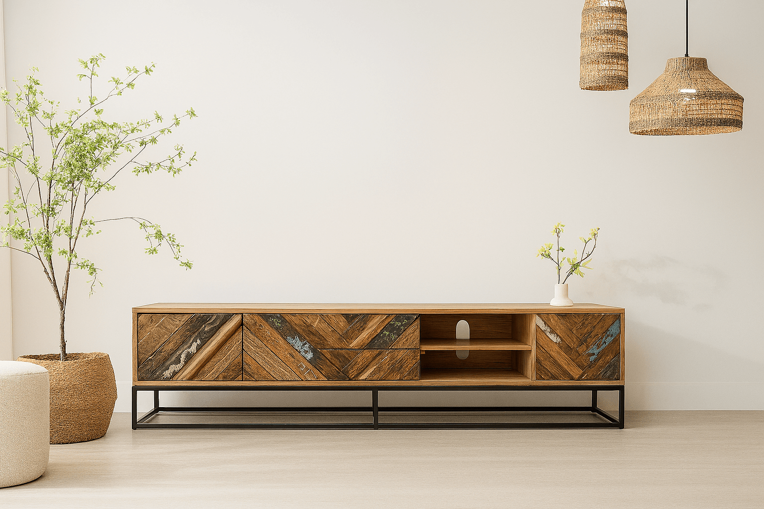 Visgraat tv-meubel Hara vis Frame van sloophout met stalen frame in licht interieur