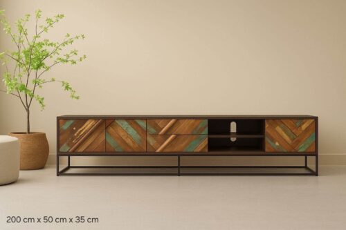 Tv-meubel Hara Vis van 200 cm met visgraatmotief en zwart stalen frame – Daan Hout