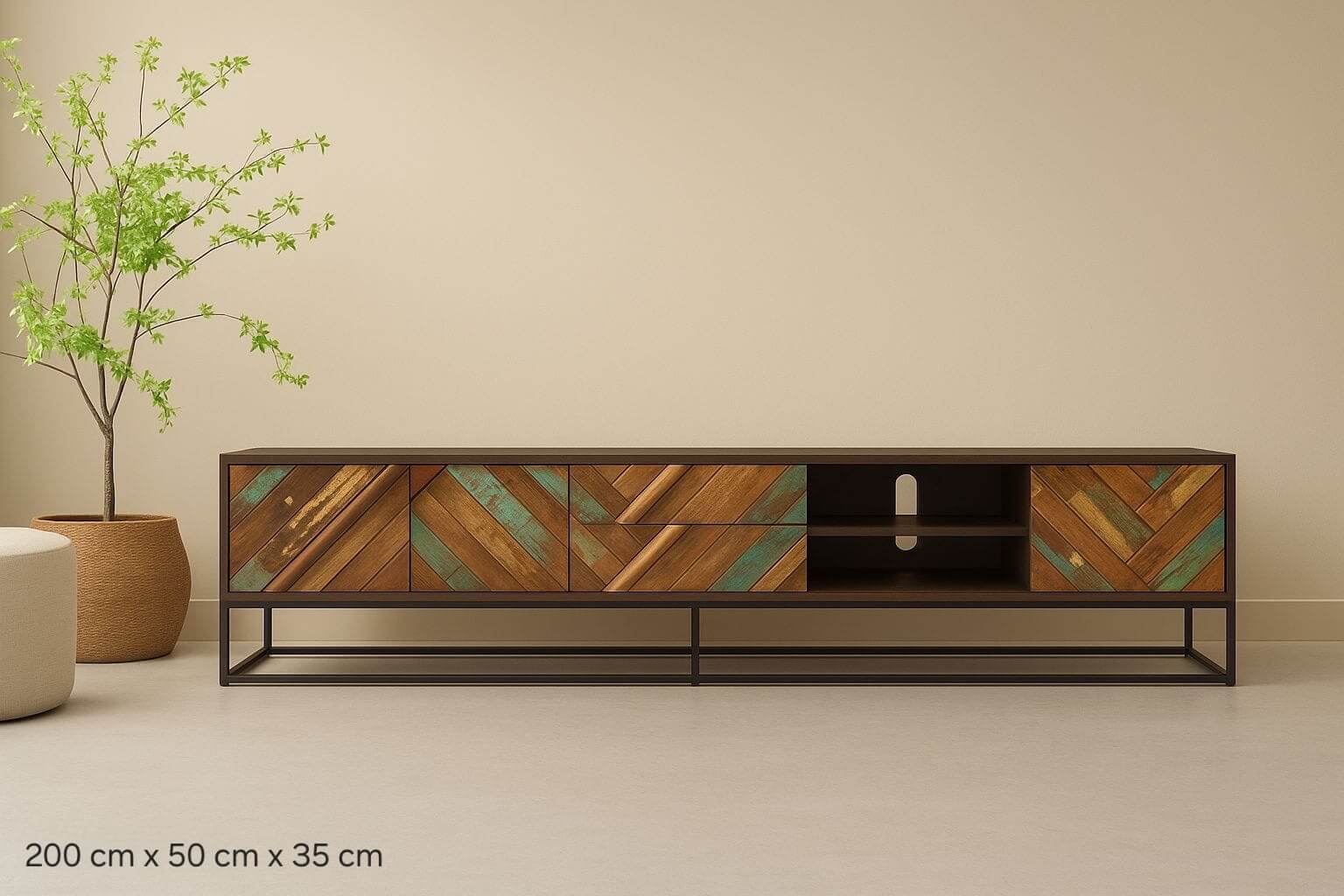Tv-meubel Hara Vis van 200 cm met visgraatmotief en zwart stalen frame – Daan Hout