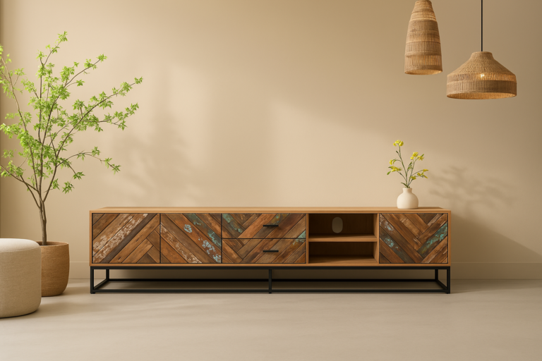 Visgraat tv-meubel Hara vis Frame van sloophout met stalen frame in licht interieur