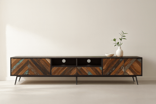 TV meubel Regenboogvis van 225 cm met visgraatmotief in gerecycled hout – Daan Hout