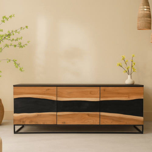 Houten dressoir van acaciahout en zwart staal – Daan Hout