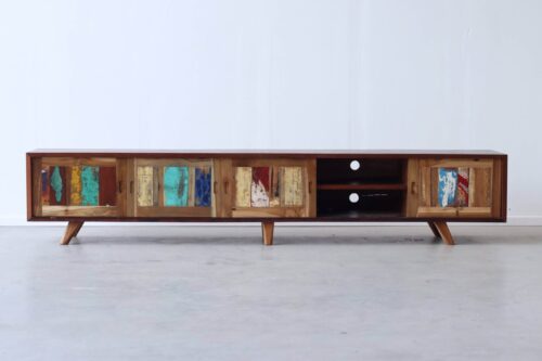 TV meubel Java van kleurrijk gerecycled boothout met schuifdeuren – 245 cm breed – Daan Hout